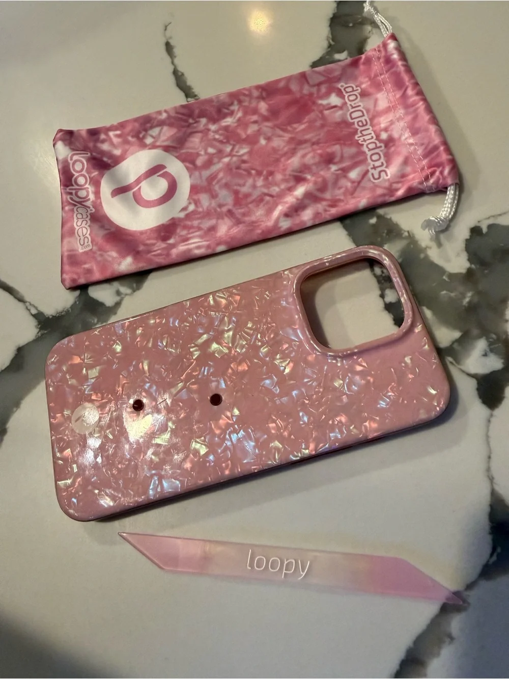 Loopy Case 16 Pro Max Pink Opal Shell Phone Case with pink Loop